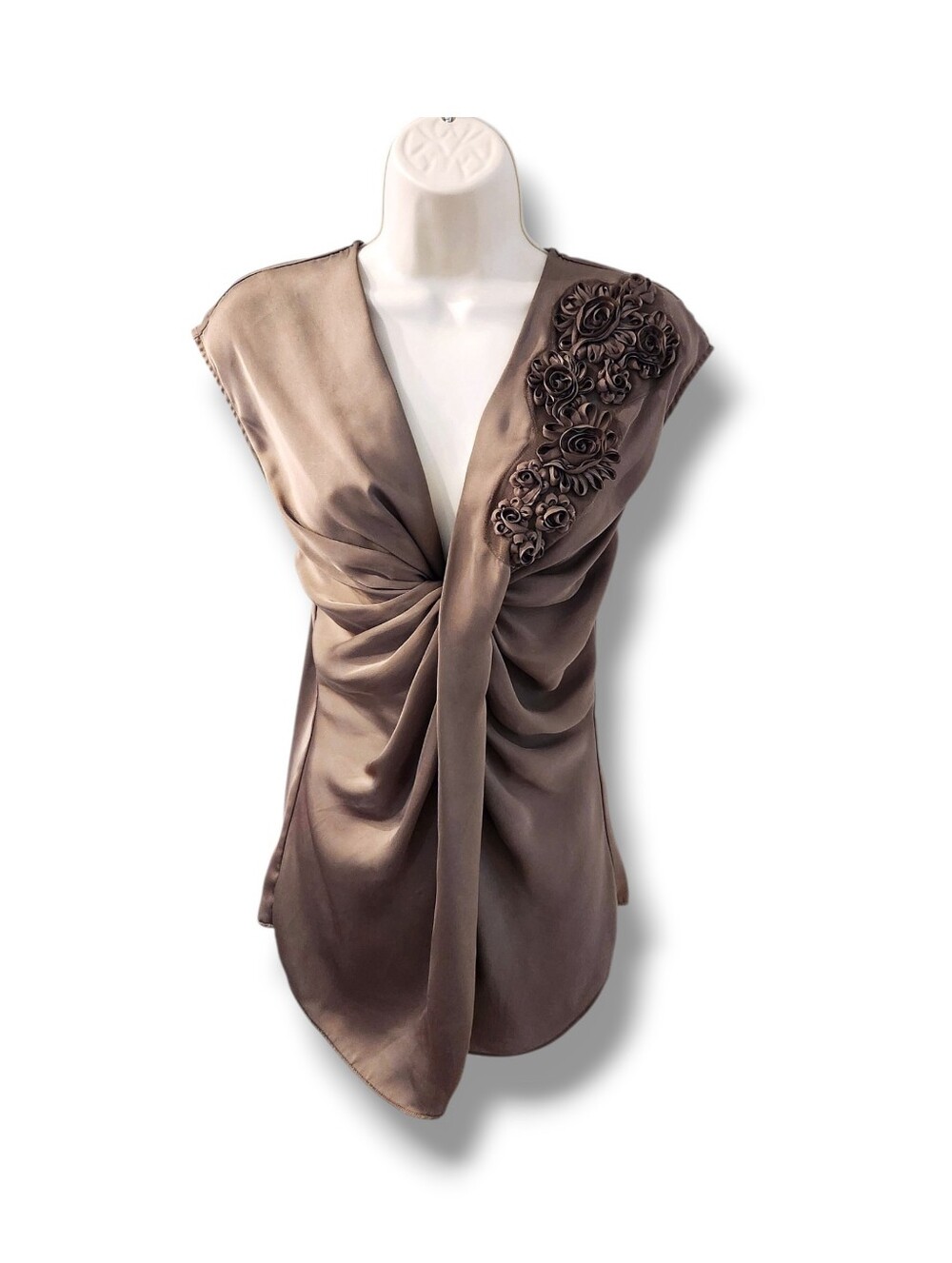 New York & Company Deep-V Vintage Sleeveless Draped Twisted Front Satiny Blouse